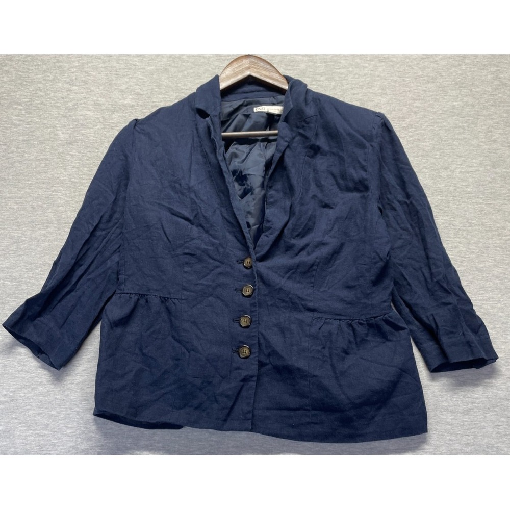 Cato Blazer Jacket Womens M Navy Blue Linen Peplum Shoulder Pads Button Front